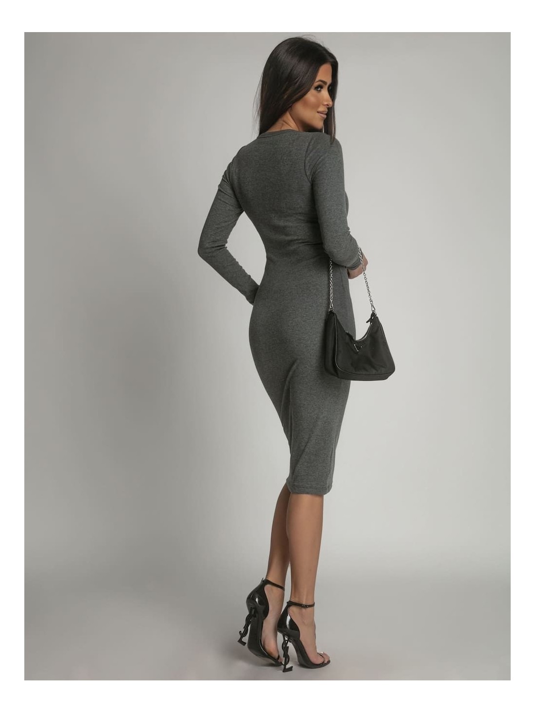 Basic striped dress with long sleeves, graphite FG548 - Online store - Boutique